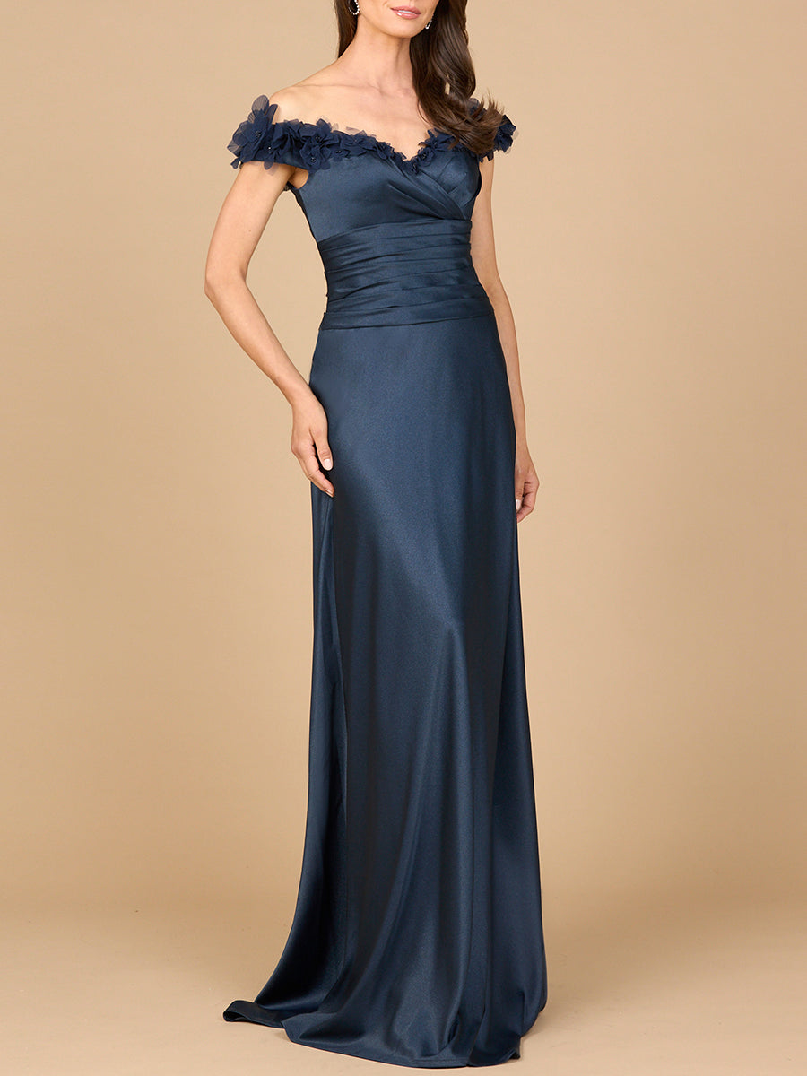 Lara Style 28917 Off-Shoulder Floral Appliqué Satin Gown