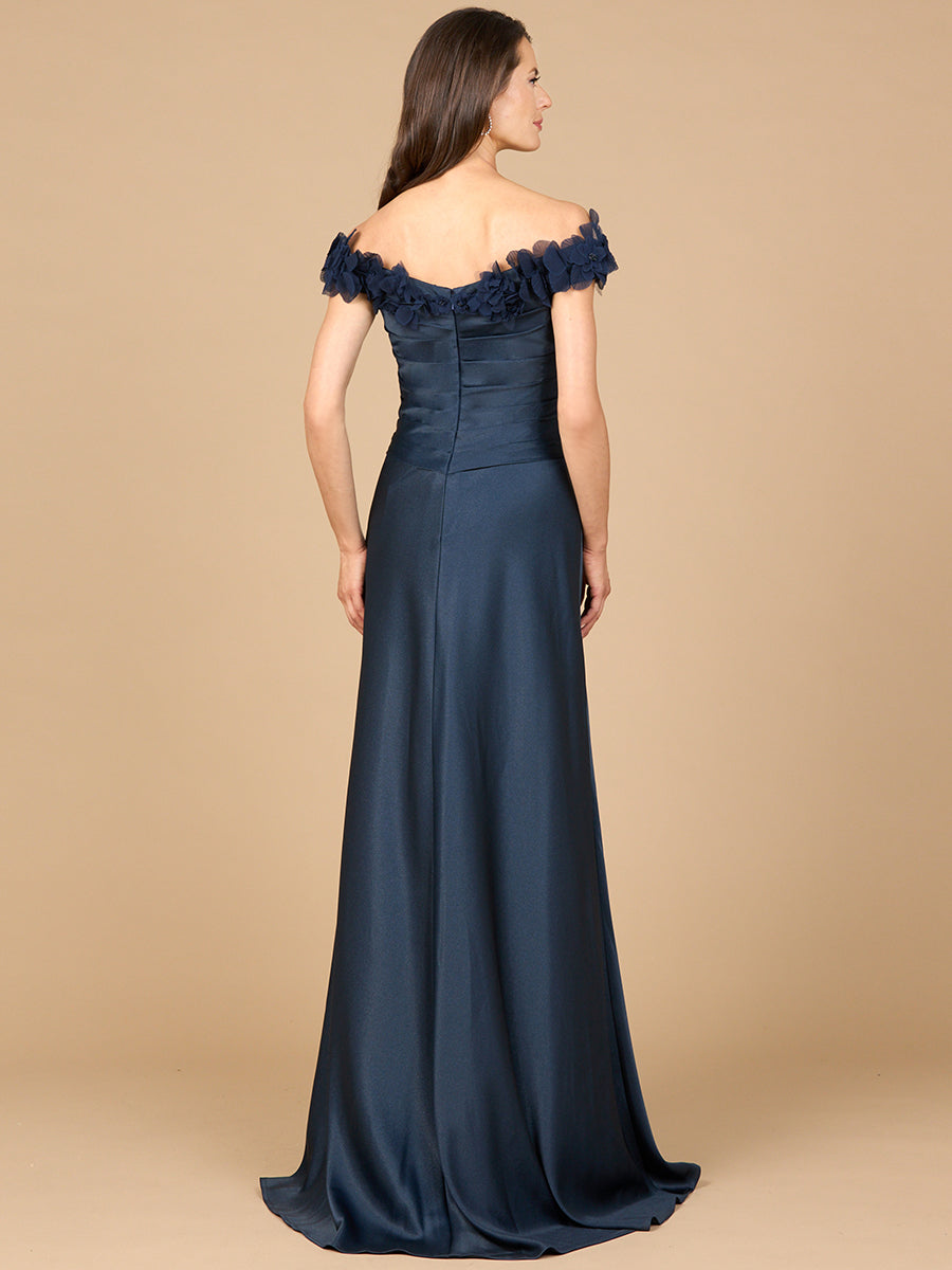 Lara Style 28917 Off-Shoulder Floral Appliqué Satin Gown