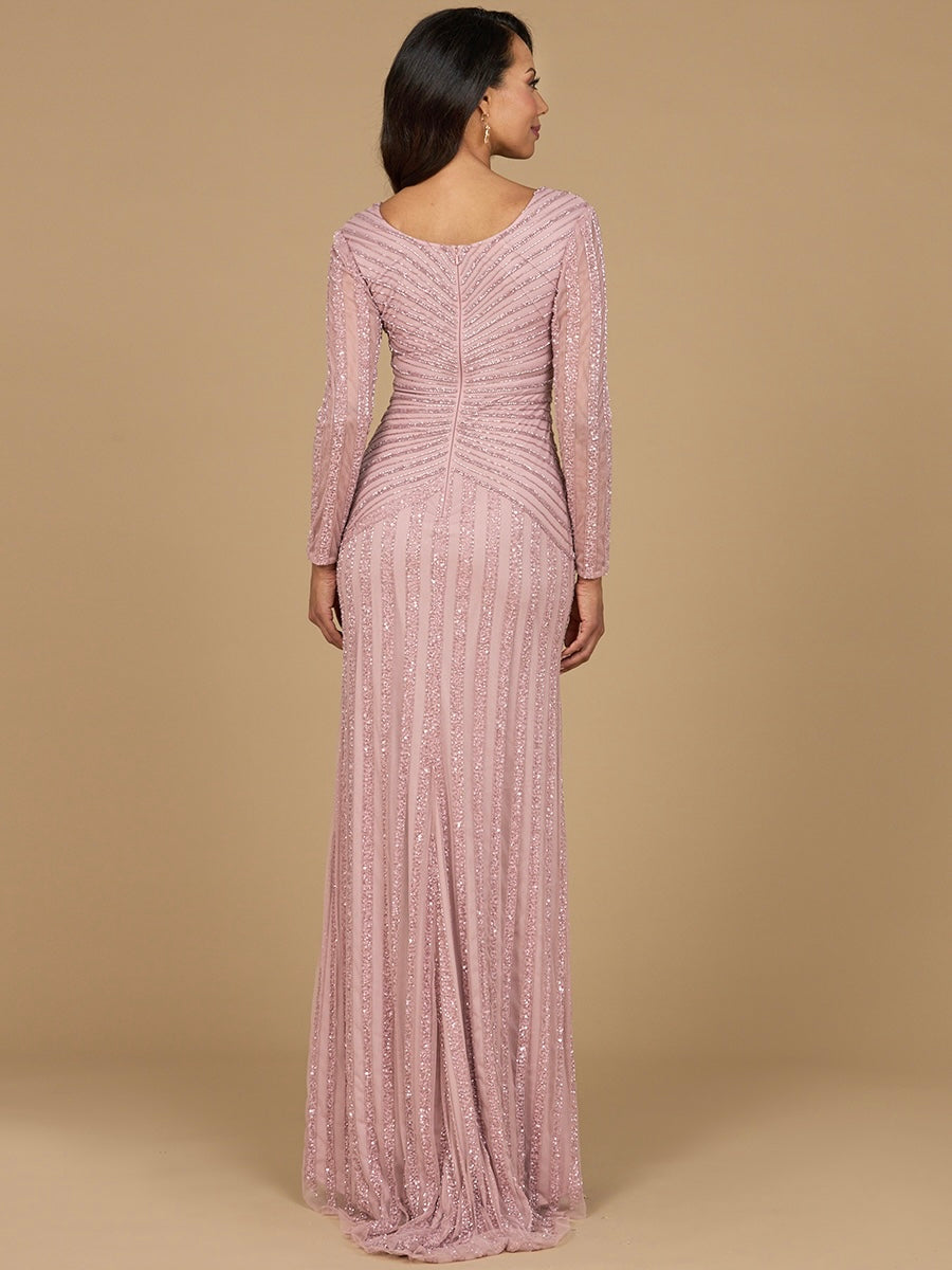 Lara Style 28953 V-Neck Beaded Tulle Sheath Gown with Sheer Long Sleeves