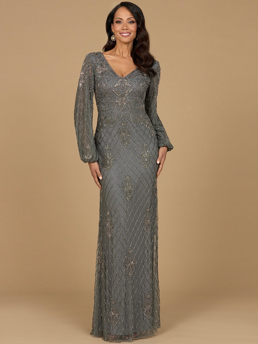 Lara Style 28955 Long Sleeve Beaded Tulle Gown with Cuffed Sleeves