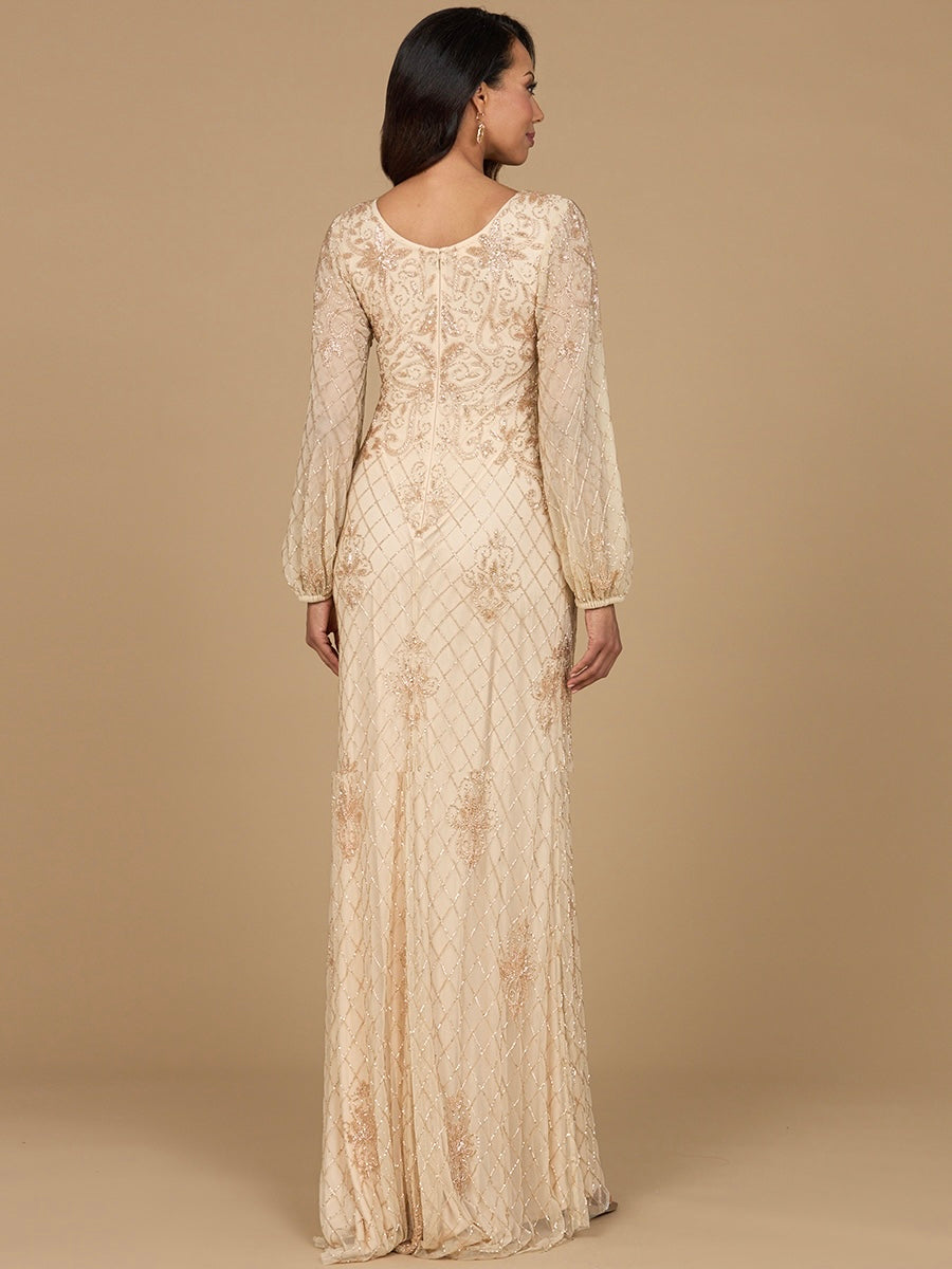 Lara Style 28955 Long Sleeve Beaded Tulle Gown with Cuffed Sleeves