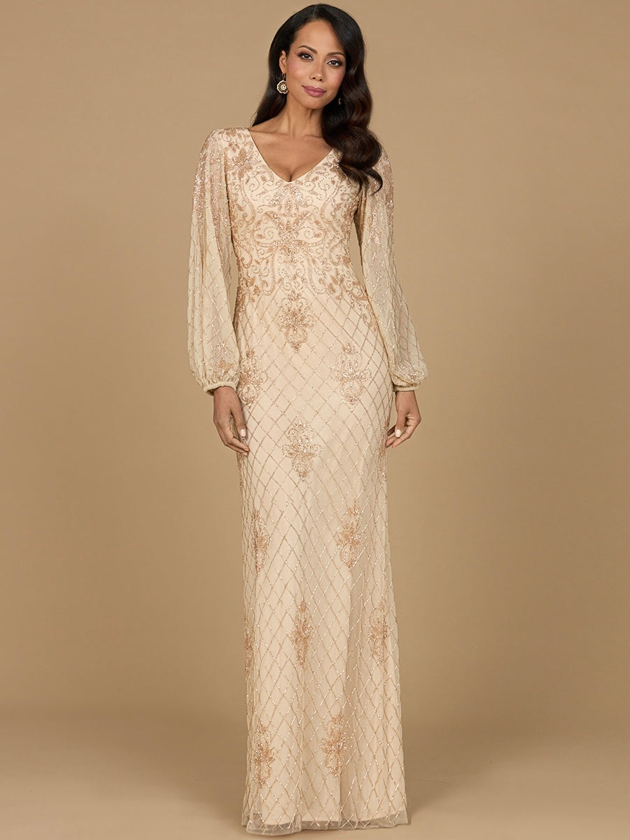 Lara Style 28955 Long Sleeve Beaded Tulle Gown with Cuffed Sleeves