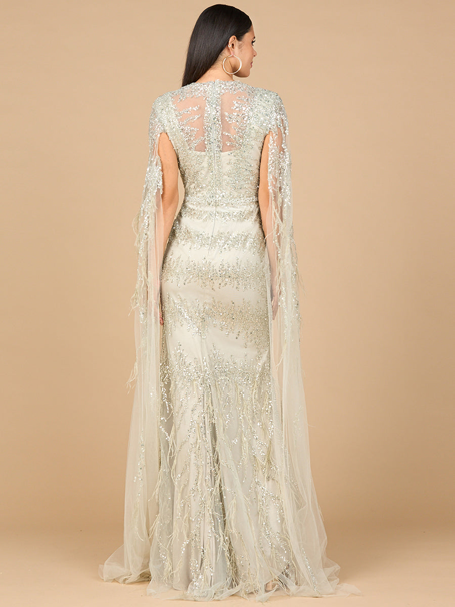 Lara Style 28969 V-Neck Beaded Lace Cape Sleeve Evening Gown
