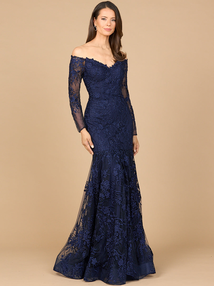 Lara Style 28977 Off-Shoulder Long Sleeve Beaded Lace Mermaid Gown