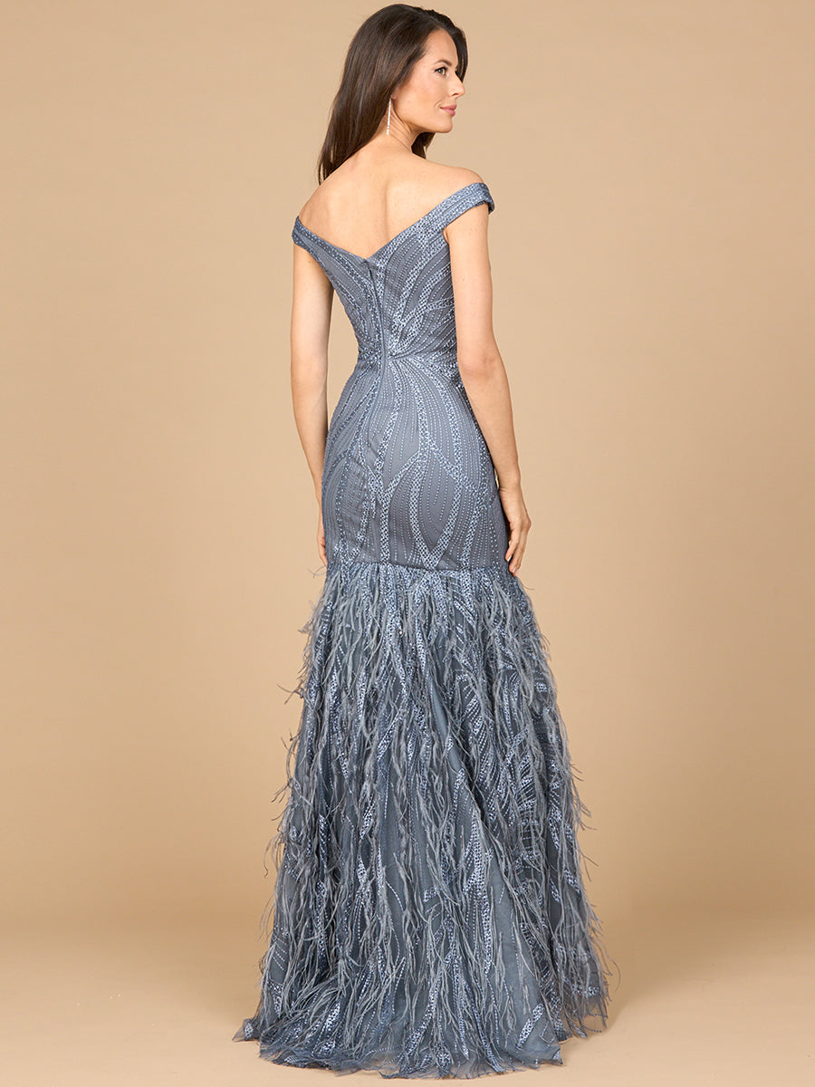 Lara Style 28988 Off-Shoulder Beaded Lace Mermaid Gown with Feather Details