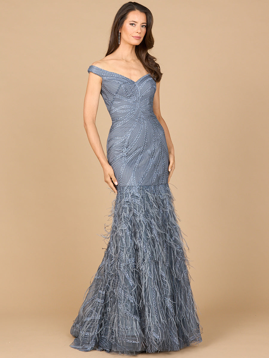Lara Style 28988 Off-Shoulder Beaded Lace Mermaid Gown with Feather Details