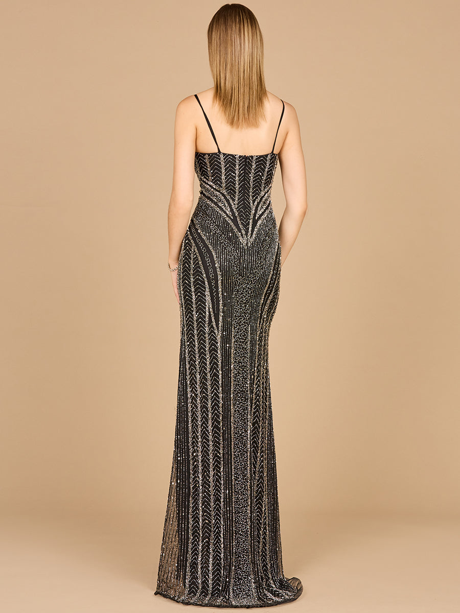 Lara Style 29003 Spaghetti Strap Geometric Beaded Dress with High Slit