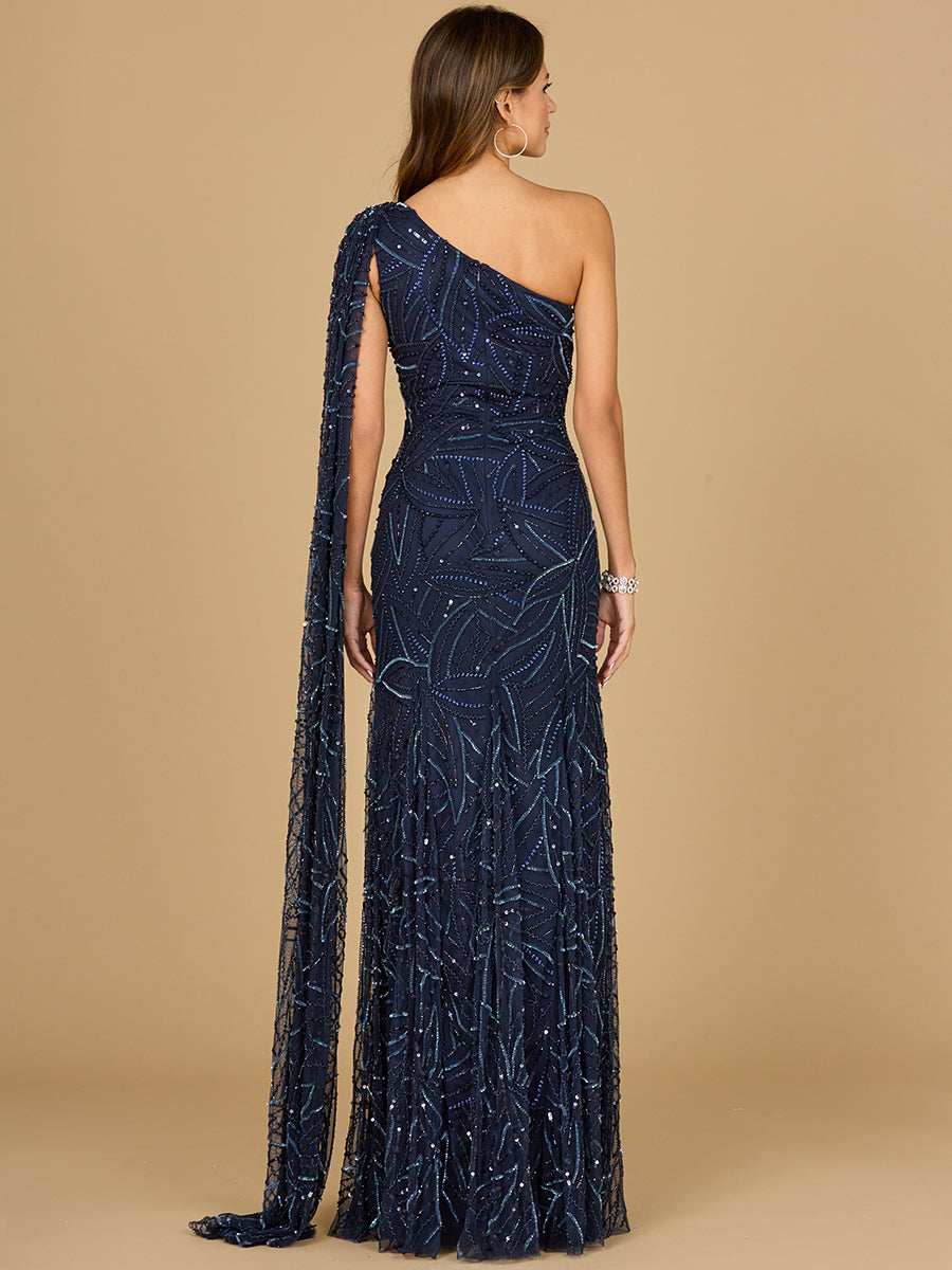 Lara Style 29097 One-Shoulder Cape Sleeve Beaded Mermaid Gown in Navy