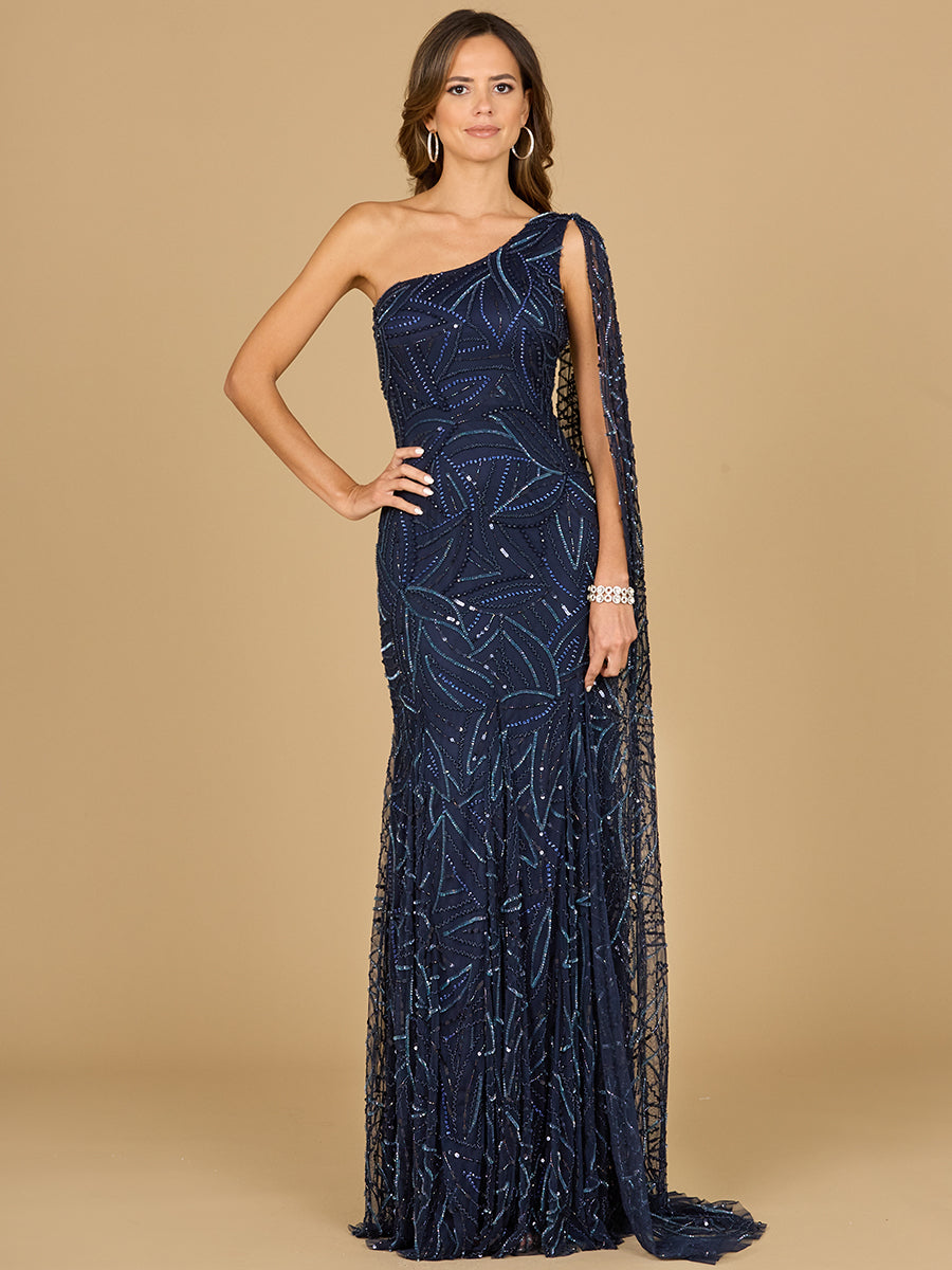 Lara Style 29097 One-Shoulder Cape Sleeve Beaded Mermaid Gown in Navy
