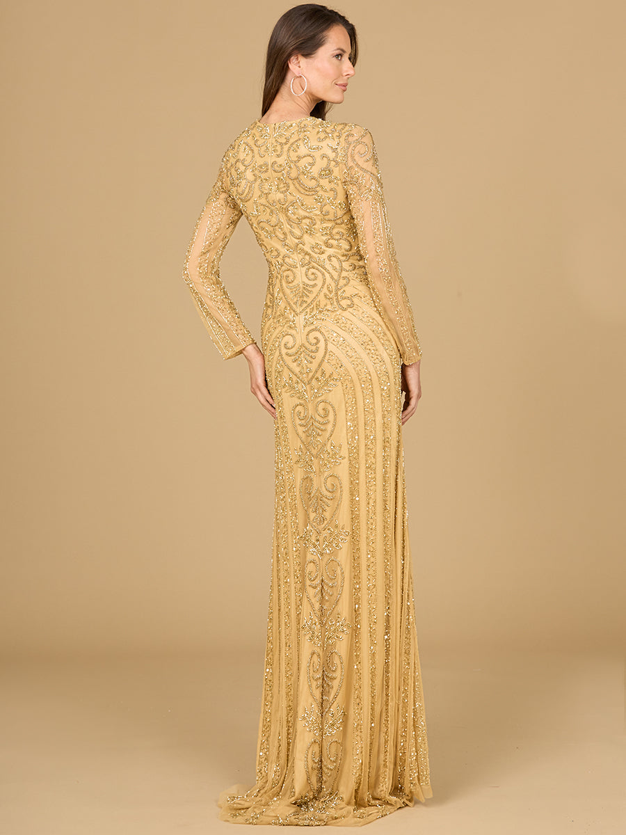 Lara Style 29114 Sheer Long Sleeve V-Neck Art Deco Beaded Sequin Gown in Gold