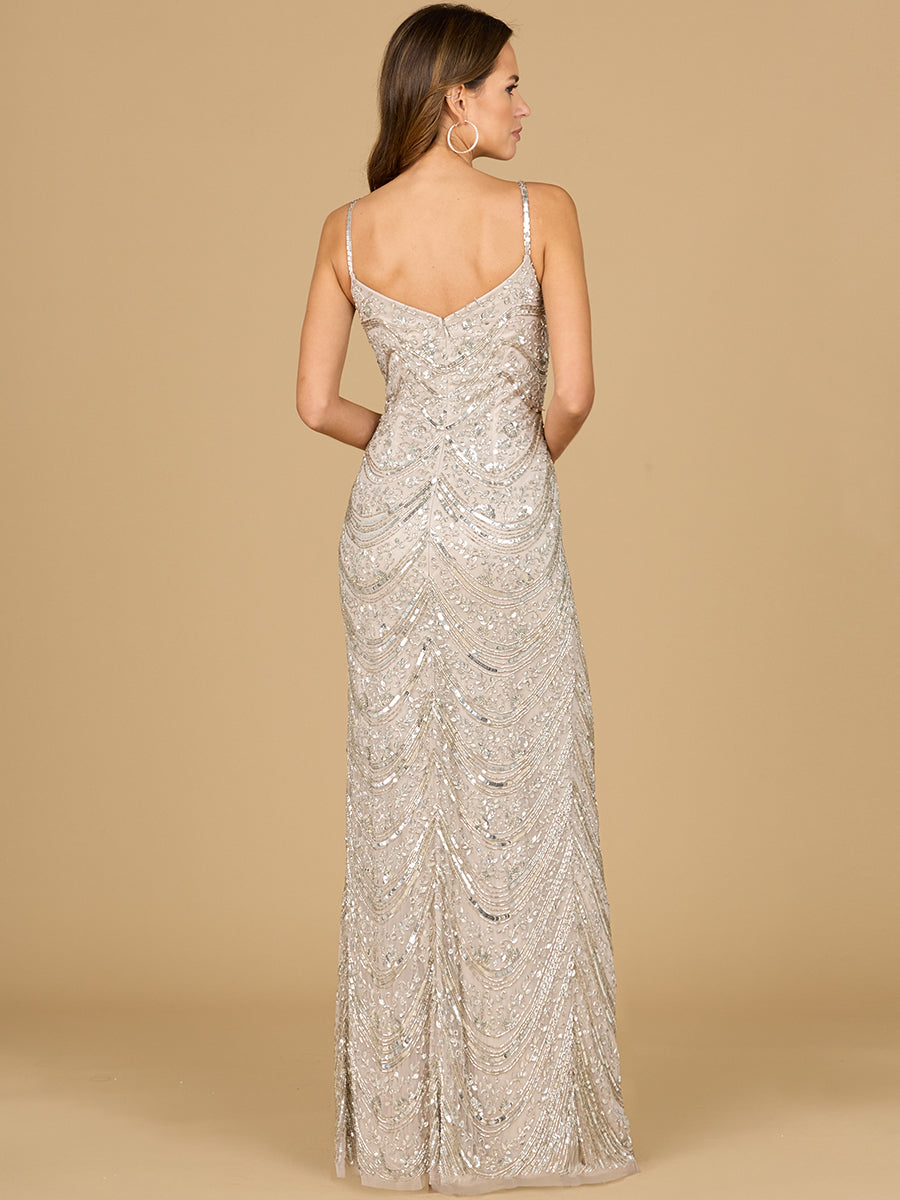 Lara Style 29117 Spaghetti Strap Cowl Neck Beaded Gown with Thigh-High Slit