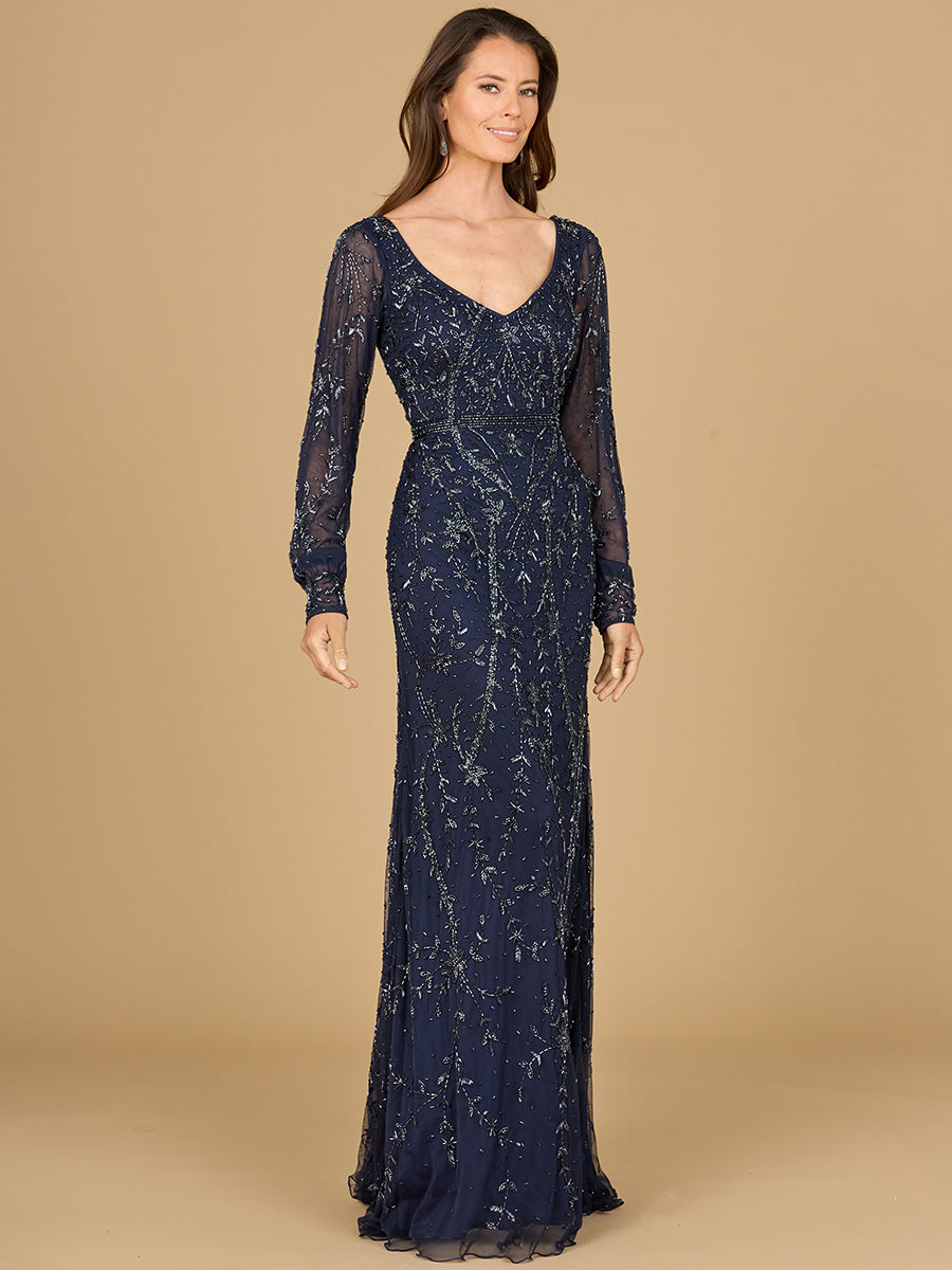 Lara Style 29120 Long Sleeve V-Neck Beaded Floral Gown for Mother of the Bride