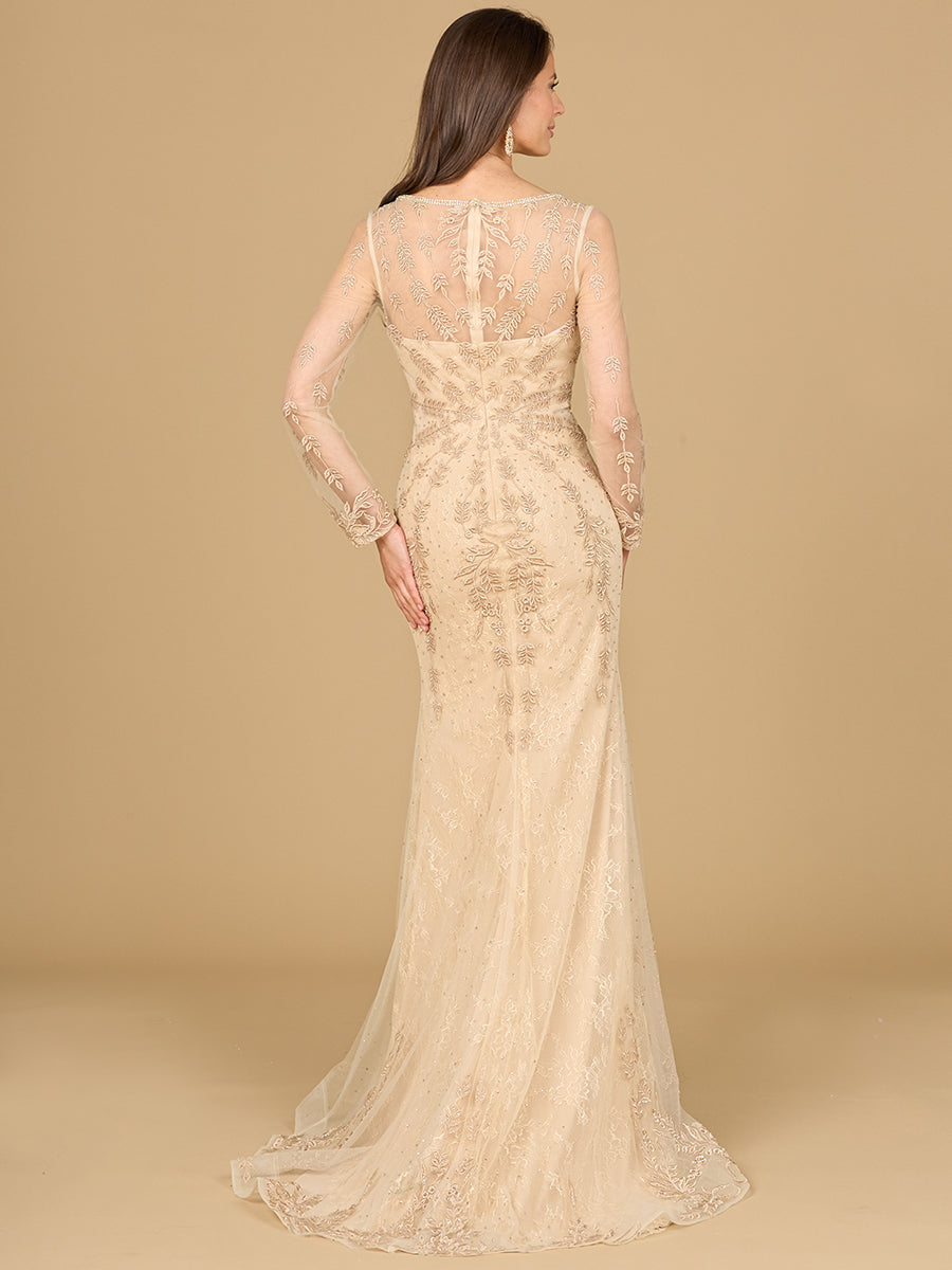 Lara Style 29128 Sheer Long Sleeve Floral Lace Mermaid Gown with Illusion Back