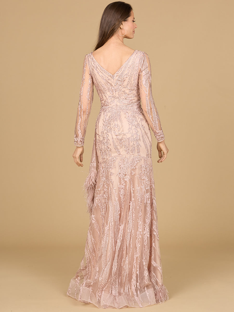 Lara Style 29133 Long Sleeve Lace A-Line Gown with Embroidered Feather Skirt