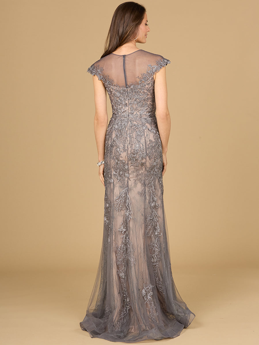 Lara Style 29134 Cap Sleeve Illusion Neckline Lace Sheath Gown with Rhinestones
