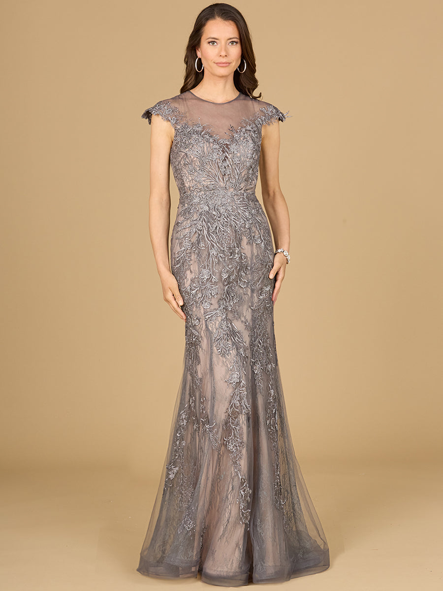 Lara Style 29134 Cap Sleeve Illusion Neckline Lace Sheath Gown with Rhinestones