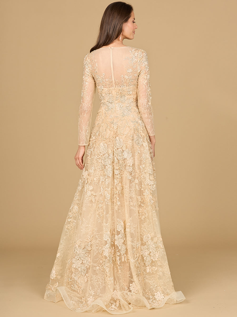 Lara Style 29135 Long Sleeve Shimmering Lace A-Line Gown in Champagne | Plus Size
