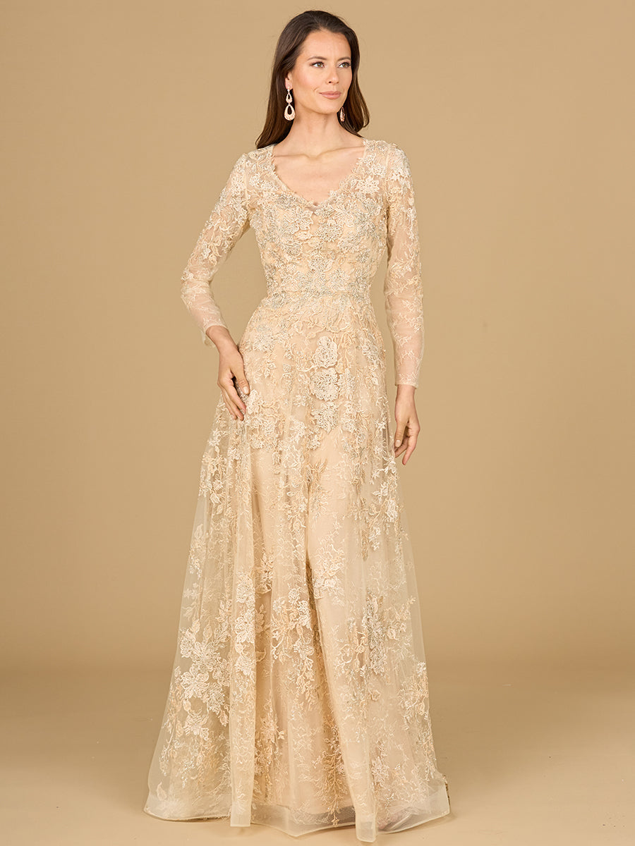 Lara Style 29135 Long Sleeve Shimmering Lace A-Line Gown in Champagne | Plus Size