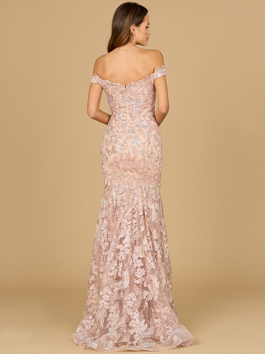 Lara Style 29136 Off-Shoulder Iridescent Sequin Lace Mermaid Gown in Blush
