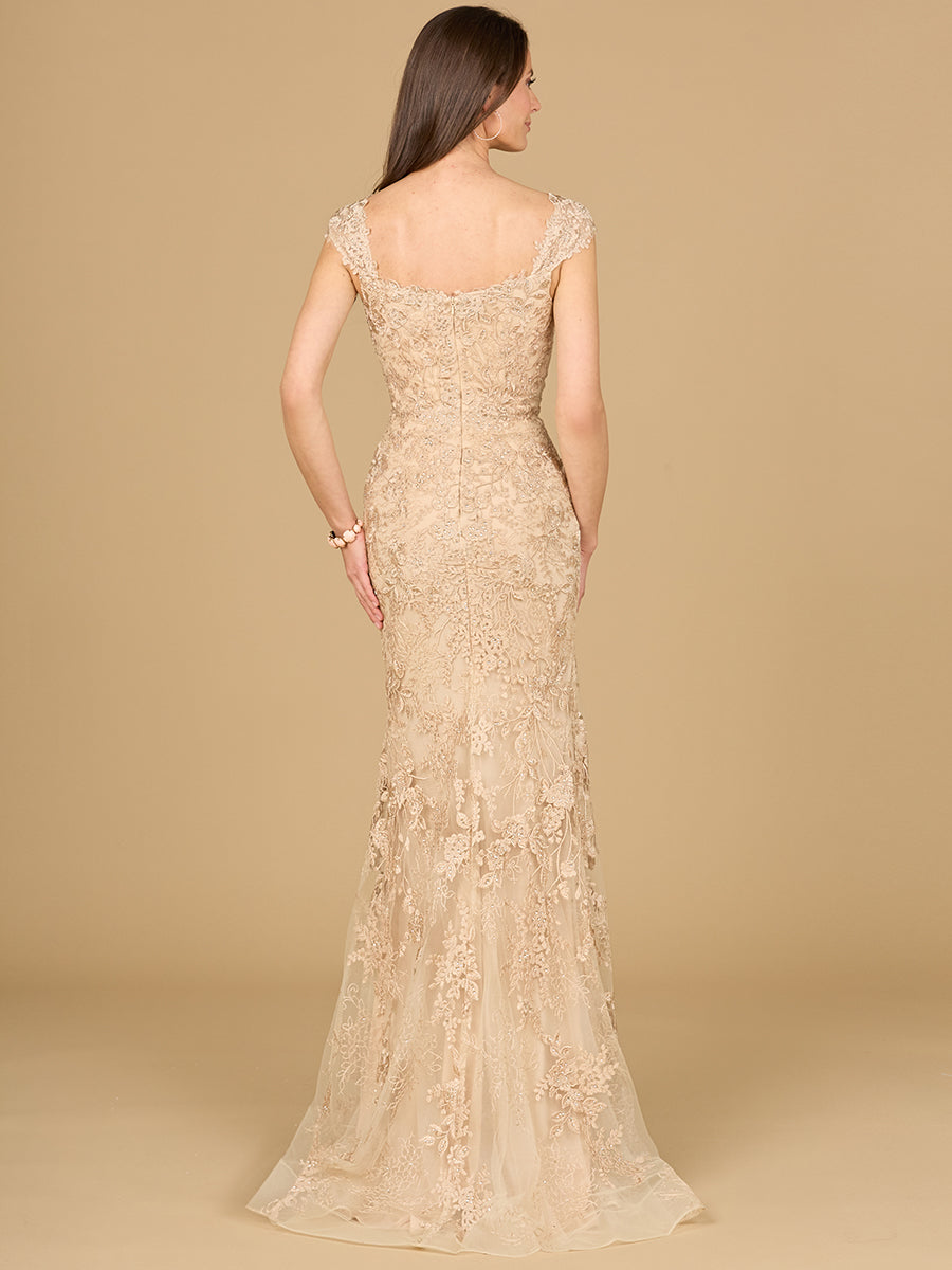 Lara Style 29137 Cap Sleeve V-Neck Beaded Lace Mermaid Gown in Champagne