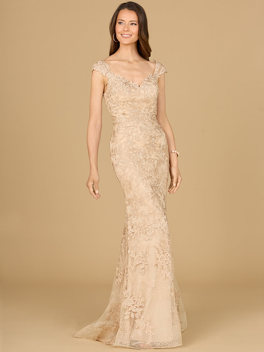 Lara Style 29137 Cap Sleeve V-Neck Beaded Lace Mermaid Gown in Champagne