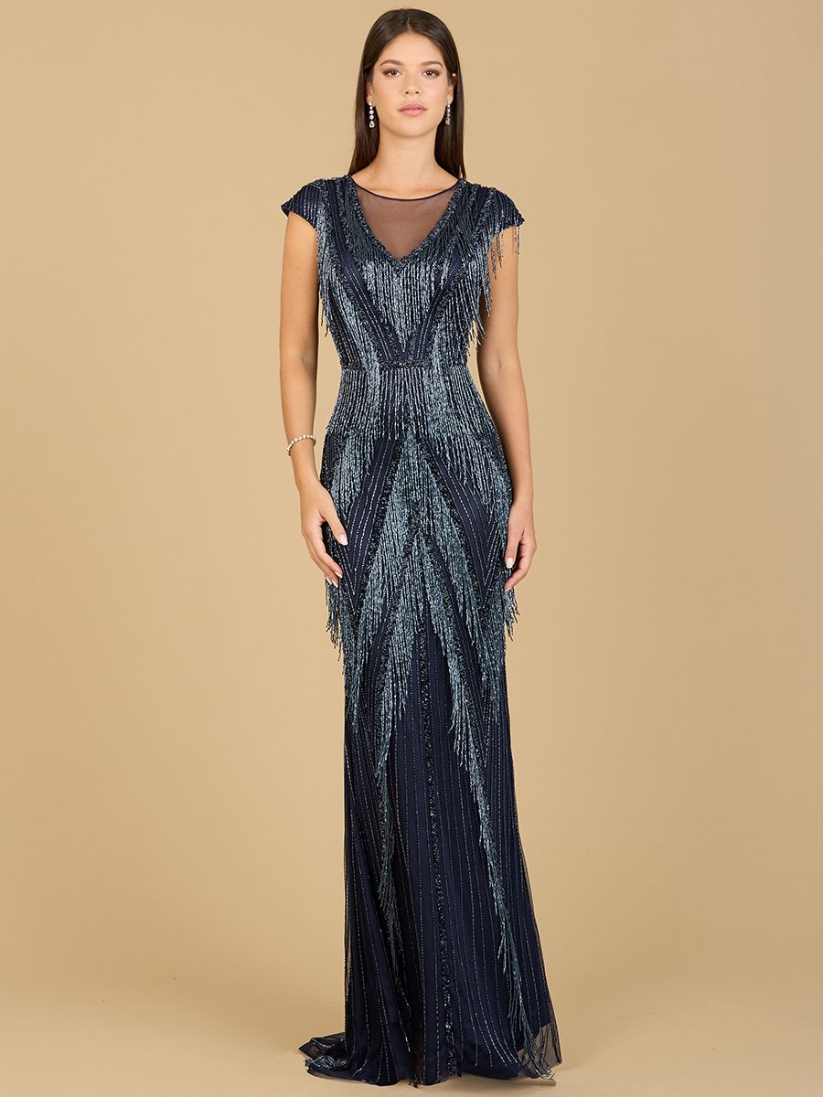 Lara Style 29167 Cap Sleeve Illusion V-Neck Fringe Beaded Gown in Silver & Navy