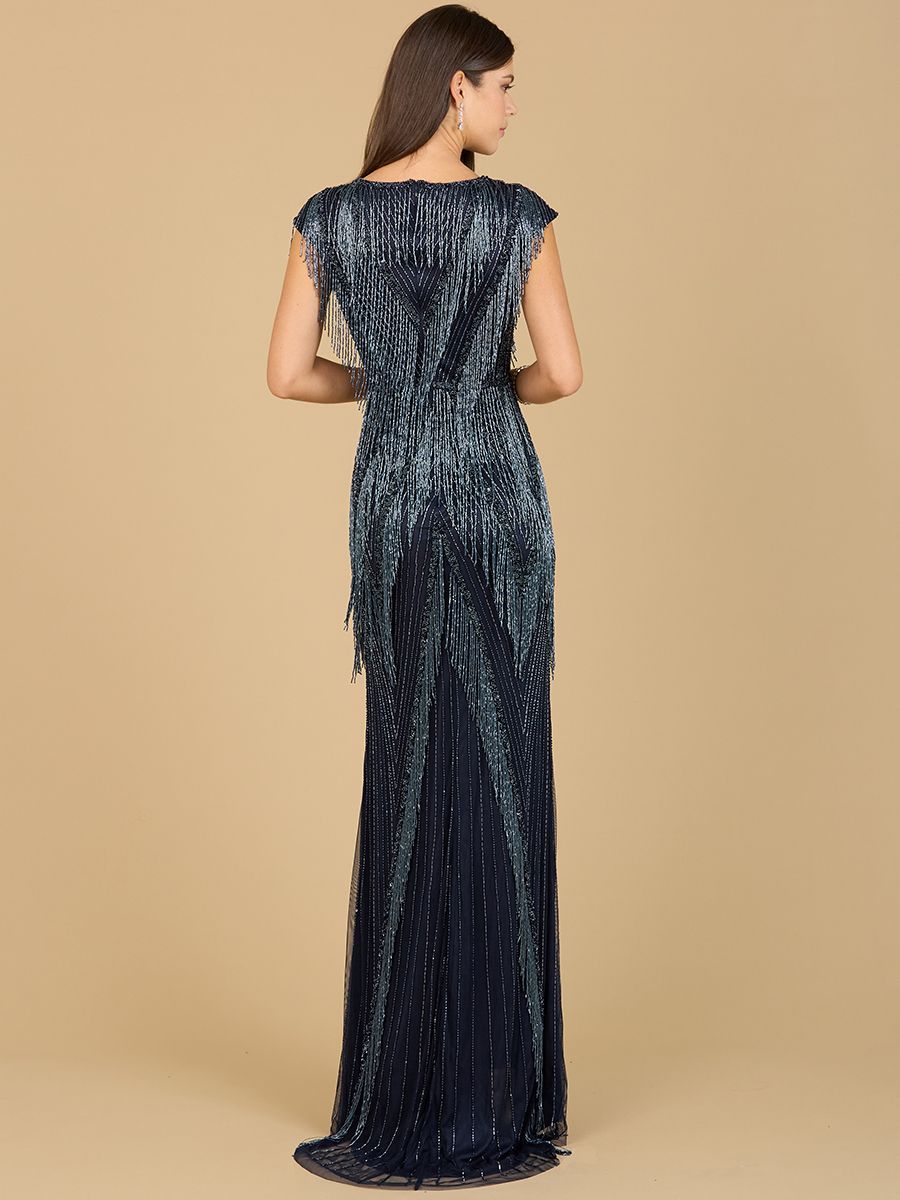 Lara Style 29167 Cap Sleeve Illusion V-Neck Fringe Beaded Gown in Silver & Navy