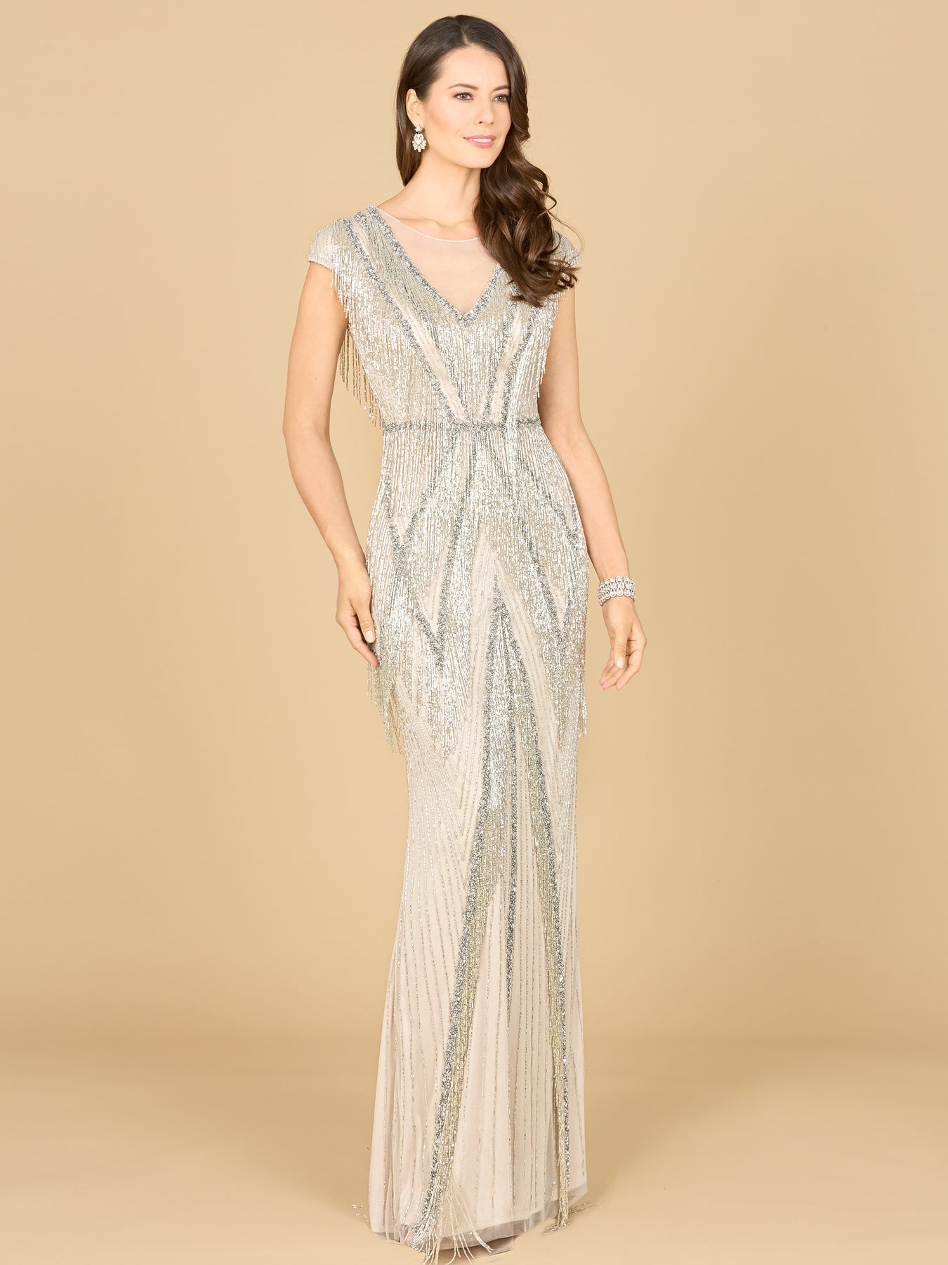 Lara Style 29167 Cap Sleeve Illusion V-Neck Fringe Beaded Gown in Silver & Navy