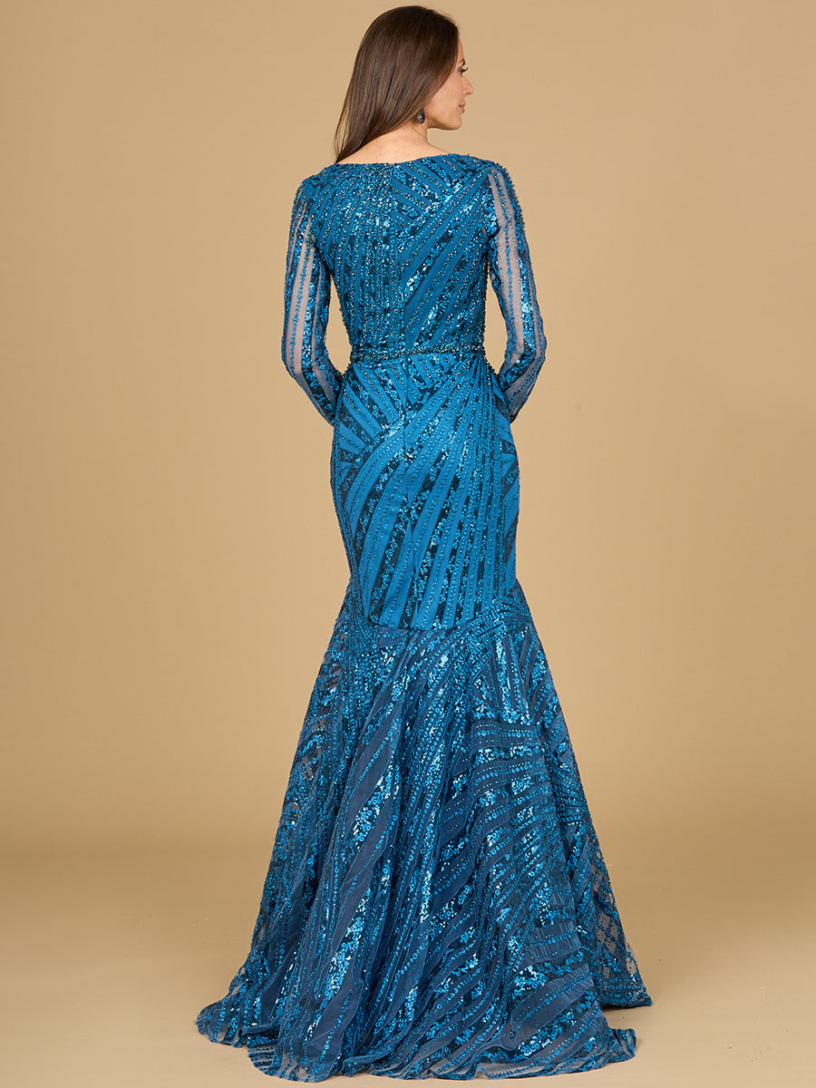 Lara Style 29188 Long Sleeve V-Neck Lace Mermaid Gown in Teal