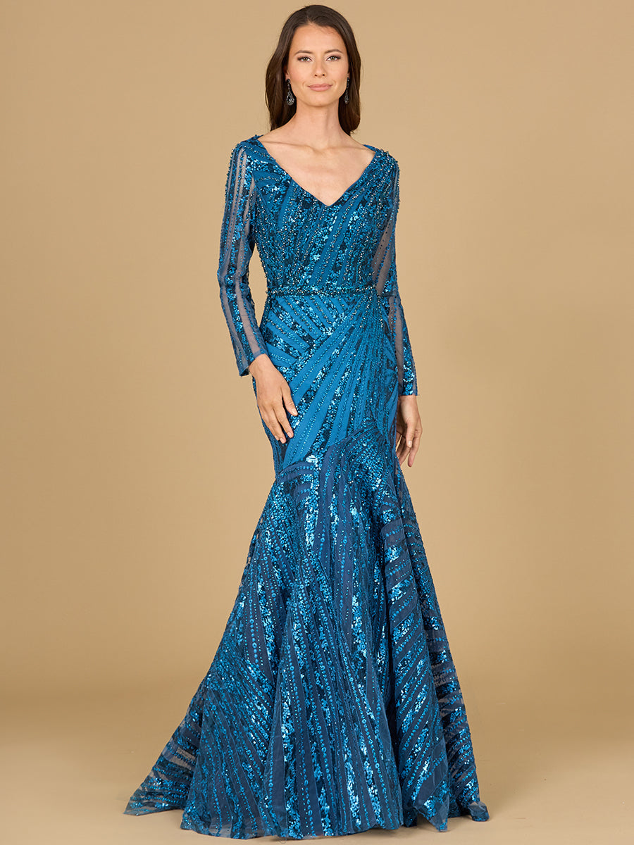 Lara Style 29188 Long Sleeve V-Neck Lace Mermaid Gown in Teal