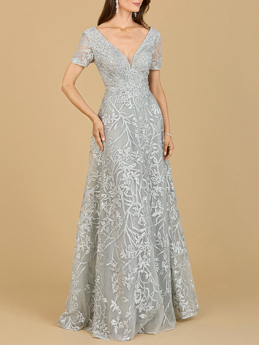Lara Style 29193 V-Neck Embroidered Lace Ball Gown with Short Sleeves