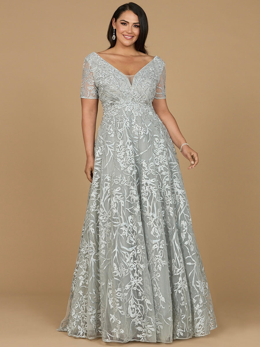 Lara Style 29193 V-Neck Embroidered Lace Ball Gown with Short Sleeves
