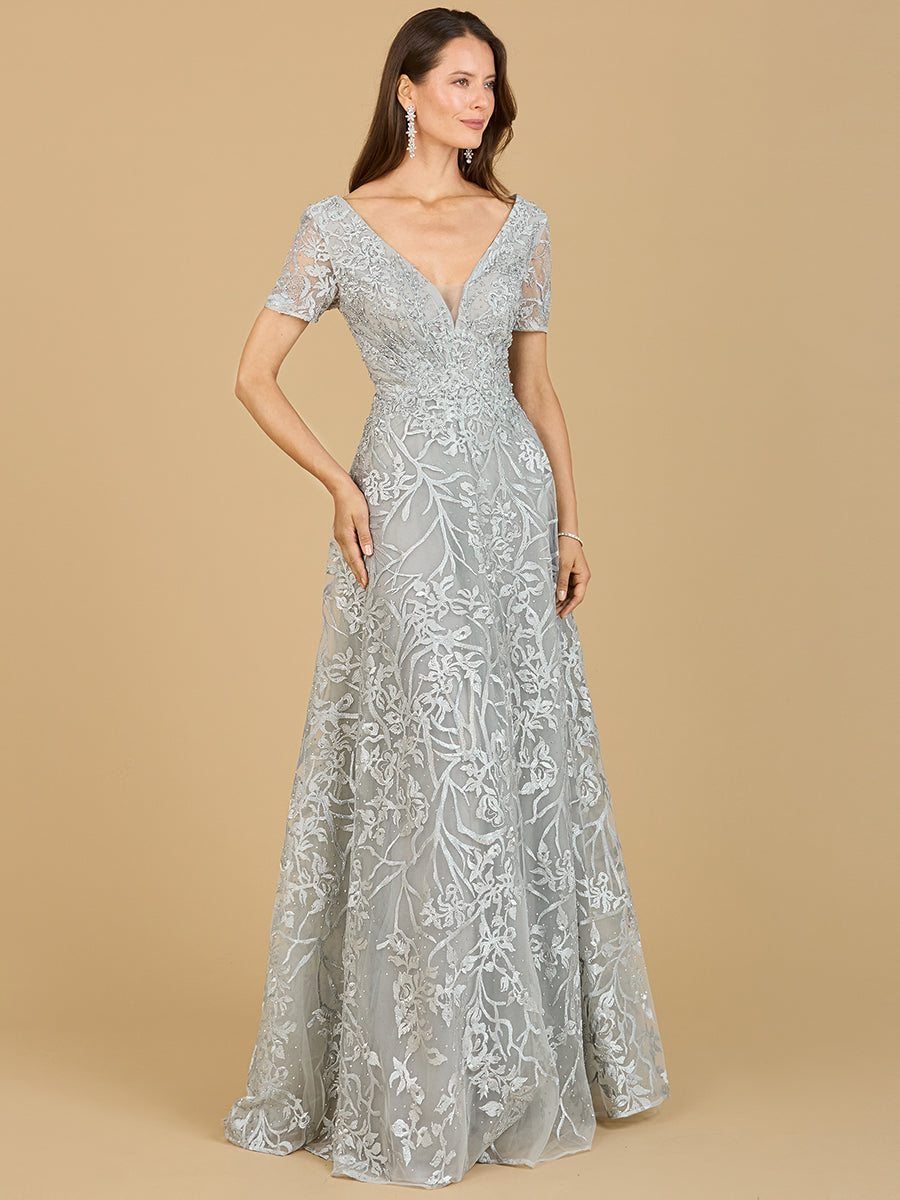 Lara Style 29193 V-Neck Embroidered Lace Ball Gown with Short Sleeves