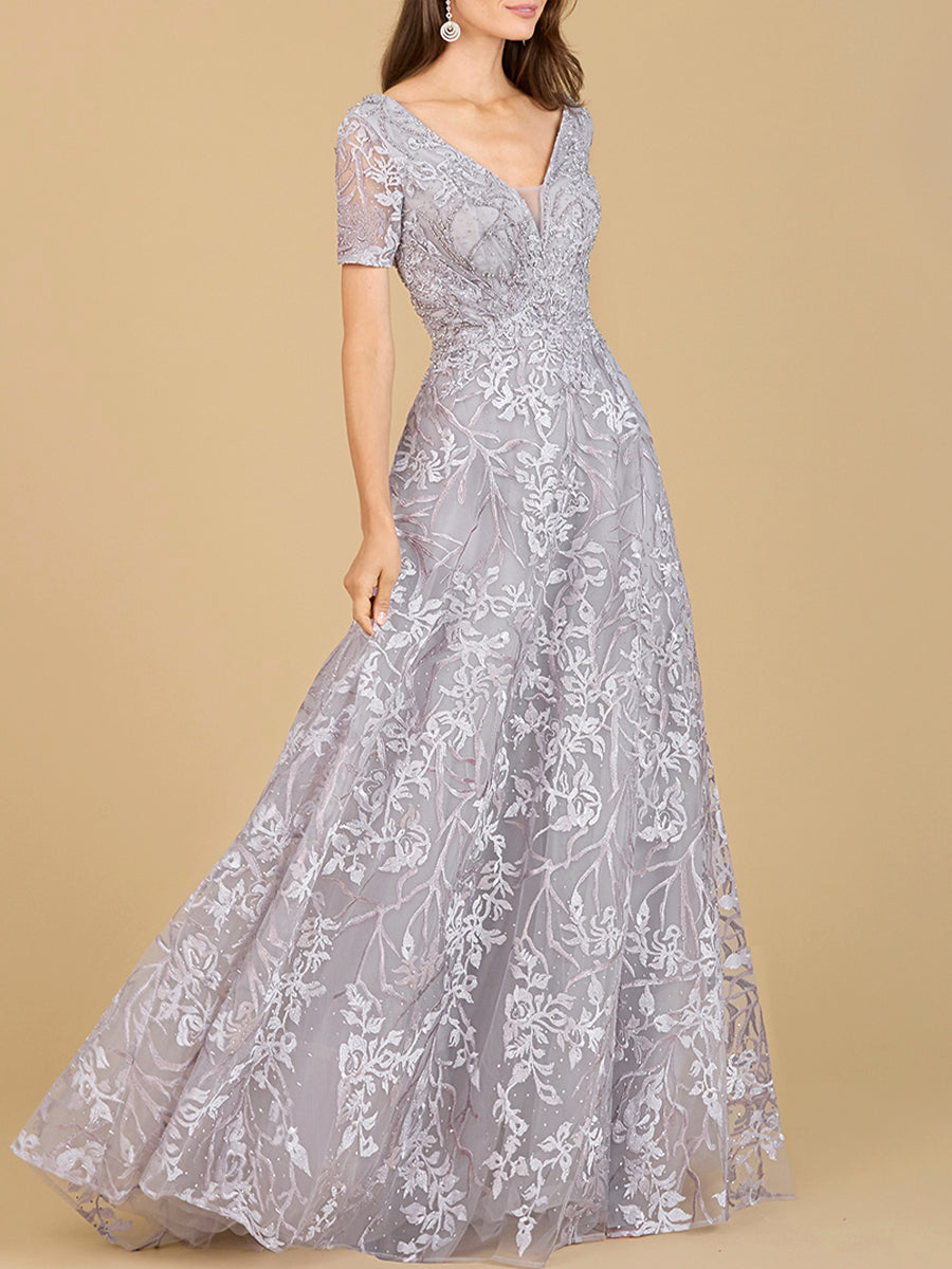 Lara Style 29193 V-Neck Embroidered Lace Ball Gown with Short Sleeves