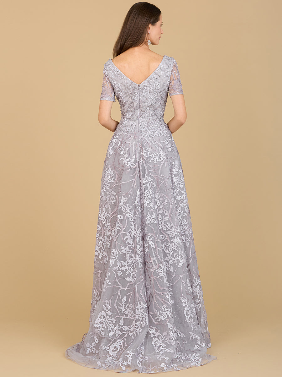 Lara Style 29193 V-Neck Embroidered Lace Ball Gown with Short Sleeves