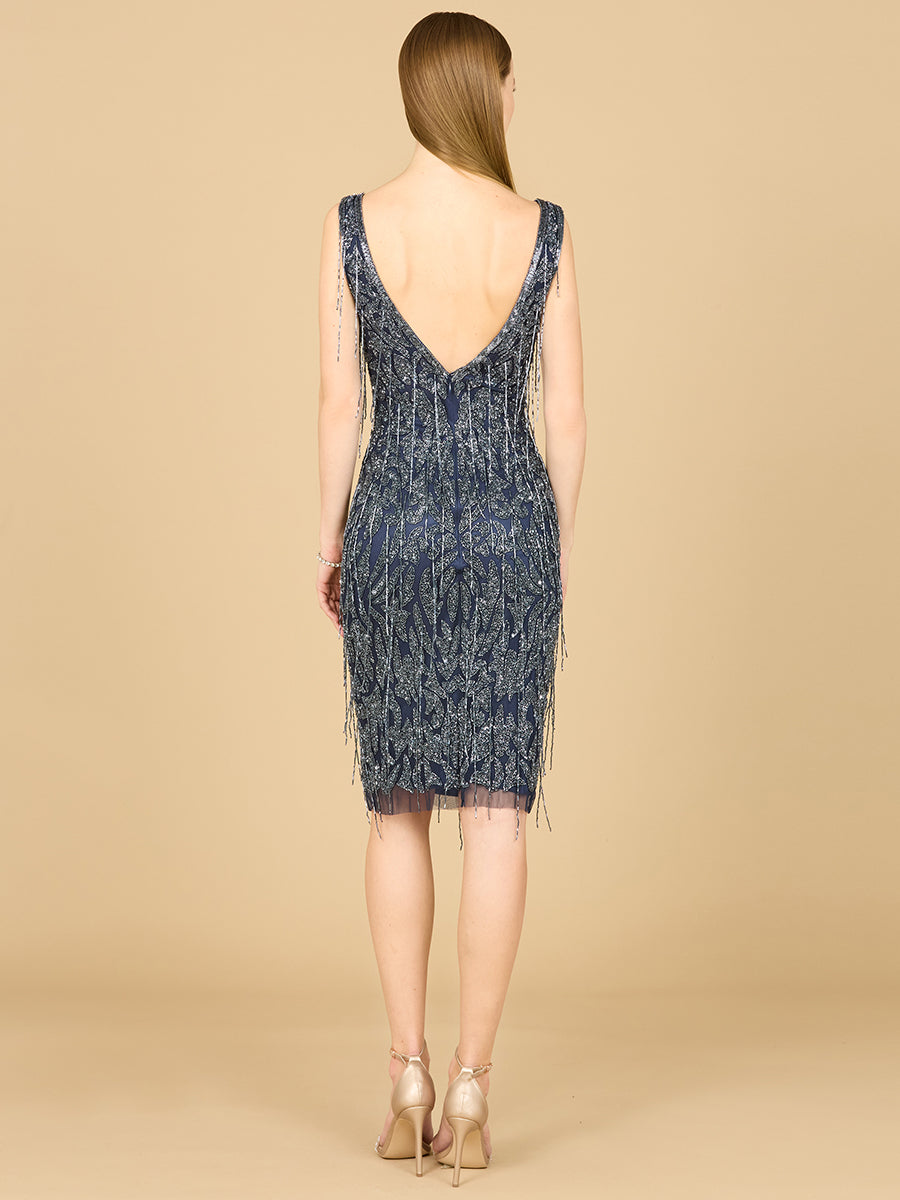 Lara Style 29216 Sleeveless V-Neck Fully Beaded Sequin Fringe Cocktail Dress in Navy