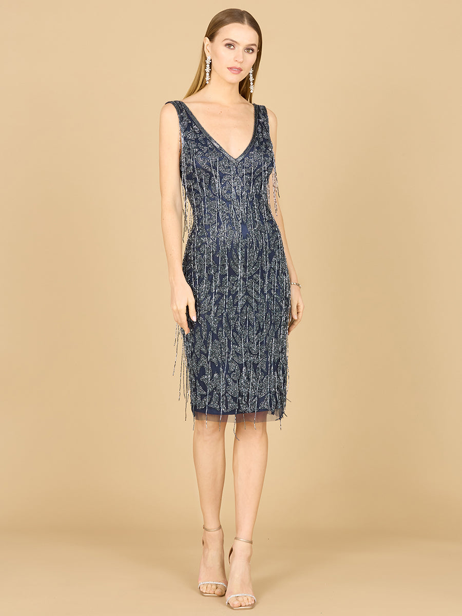 Lara Style 29216 Sleeveless V-Neck Fully Beaded Sequin Fringe Cocktail Dress in Navy