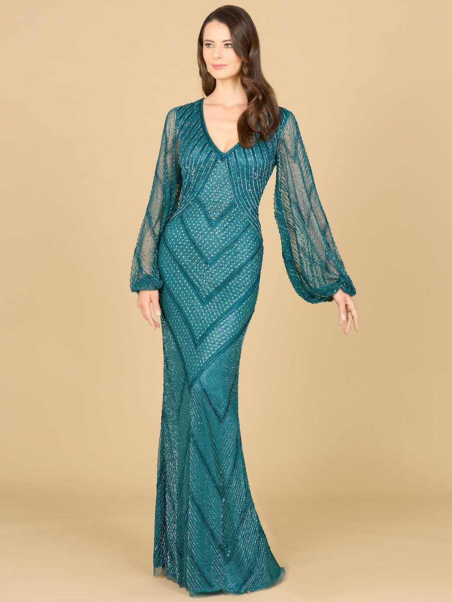 Lara Style 29228 Sheer Long Sleeve V-Neck Beaded Sequin Full-Length Gown in Teal