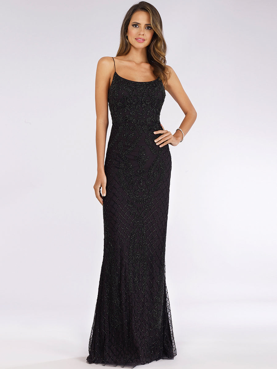 Lara Style 29577 Sleeveless Scoop Neck Beaded Gown with Open Lace-Up Back
