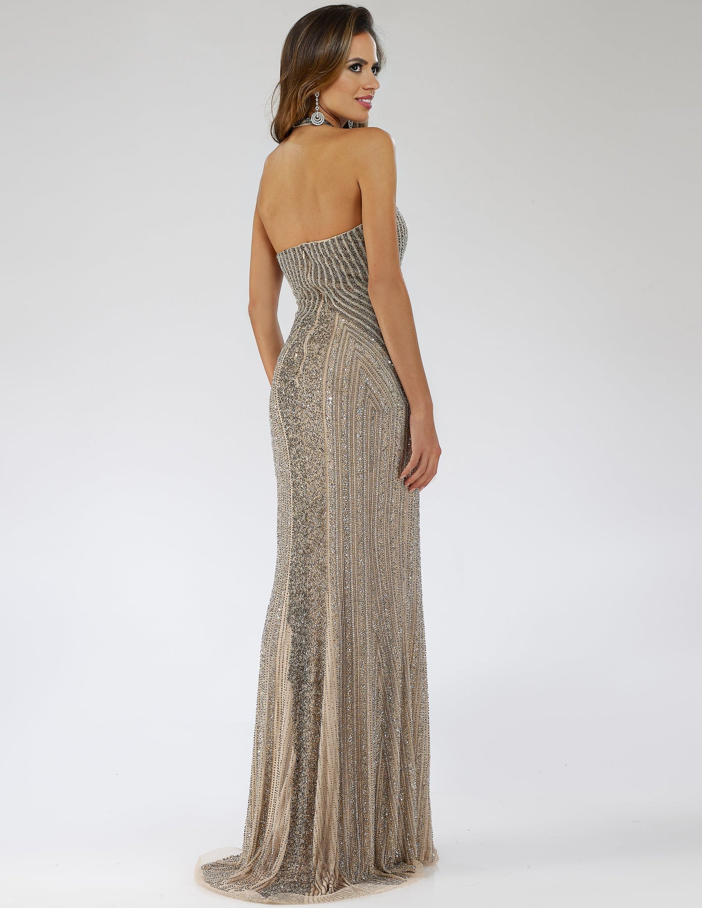 Lara Style 29600 Sleeveless Halter Neck Beaded Sequin Tulle Dress