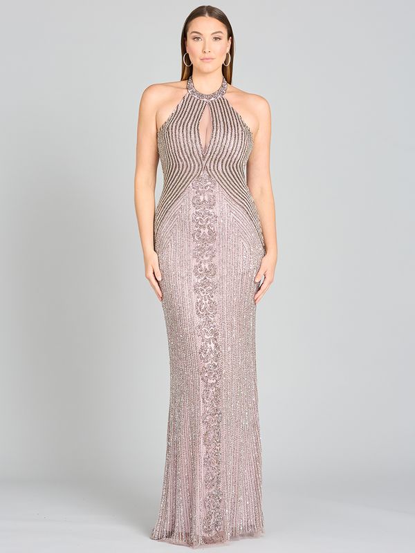 Lara Style 29600 Sleeveless Halter Neck Beaded Sequin Tulle Dress