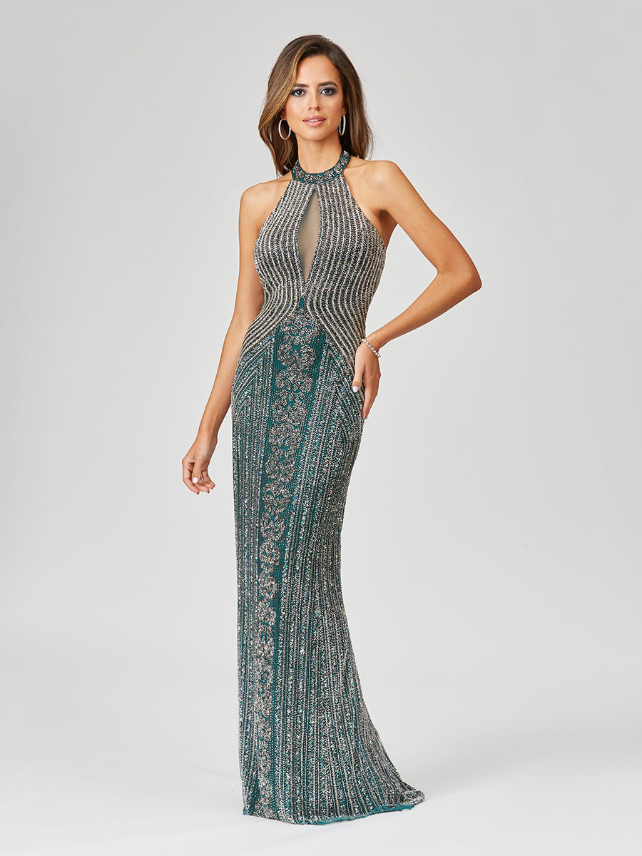 Lara Style 29600 Sleeveless Halter Neck Beaded Sequin Tulle Dress