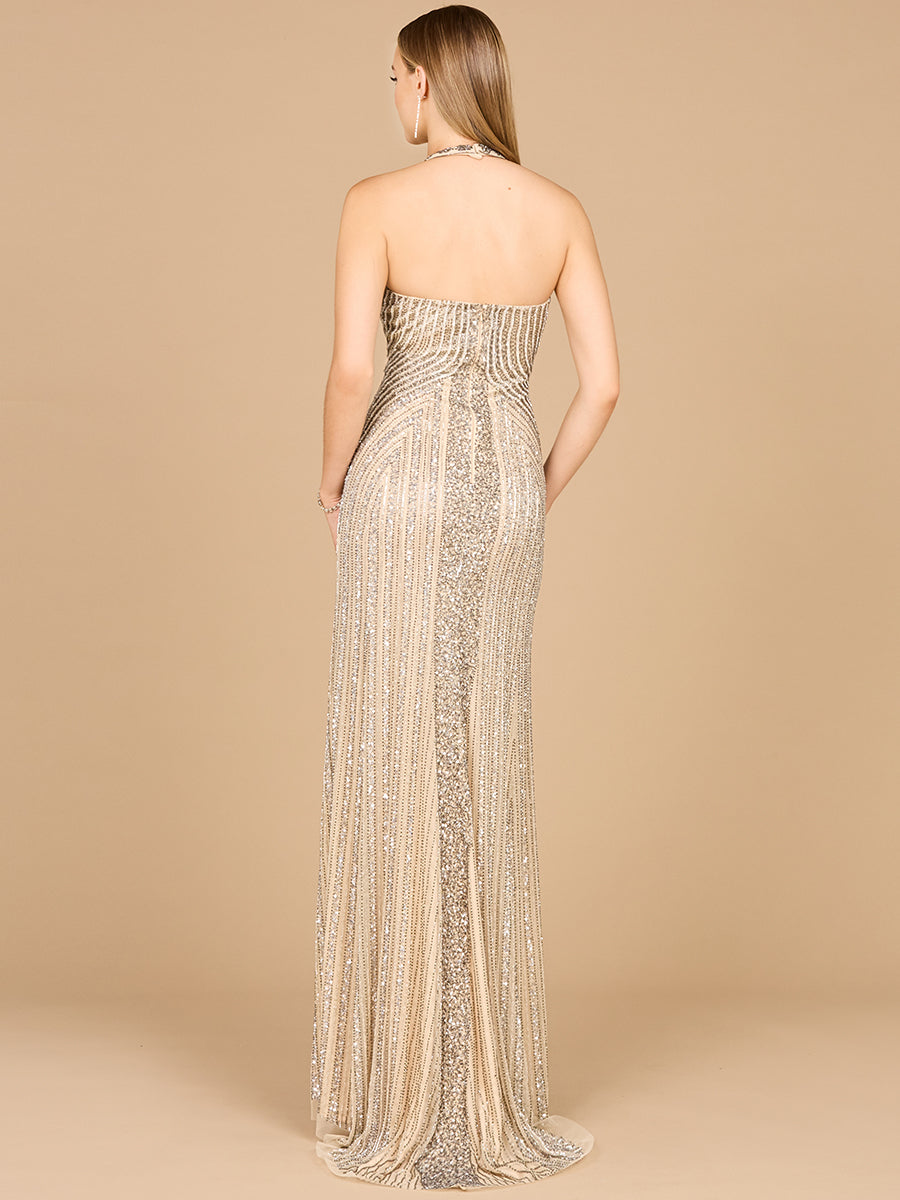 Lara Style 29600 Sleeveless Halter Neck Beaded Sequin Tulle Dress