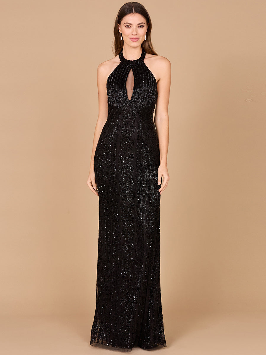 Lara Style 29600 Sleeveless Halter Neck Beaded Sequin Tulle Dress