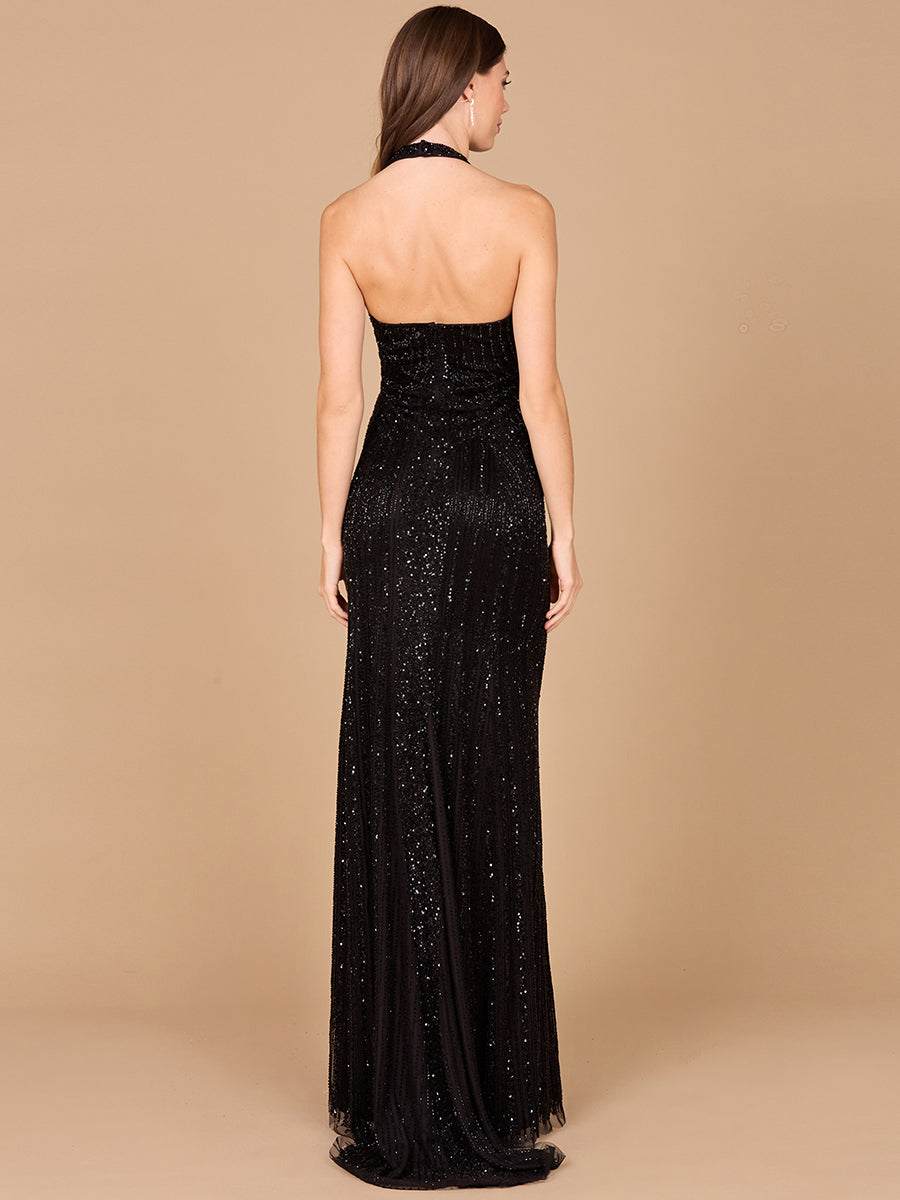 Lara Style 29600 Sleeveless Halter Neck Beaded Sequin Tulle Dress