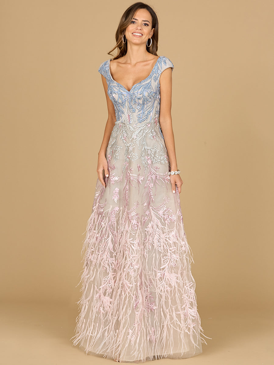 Lara Style 29783 Cap Sleeve Sweetheart Organza Ballgown with Lace & Feathers