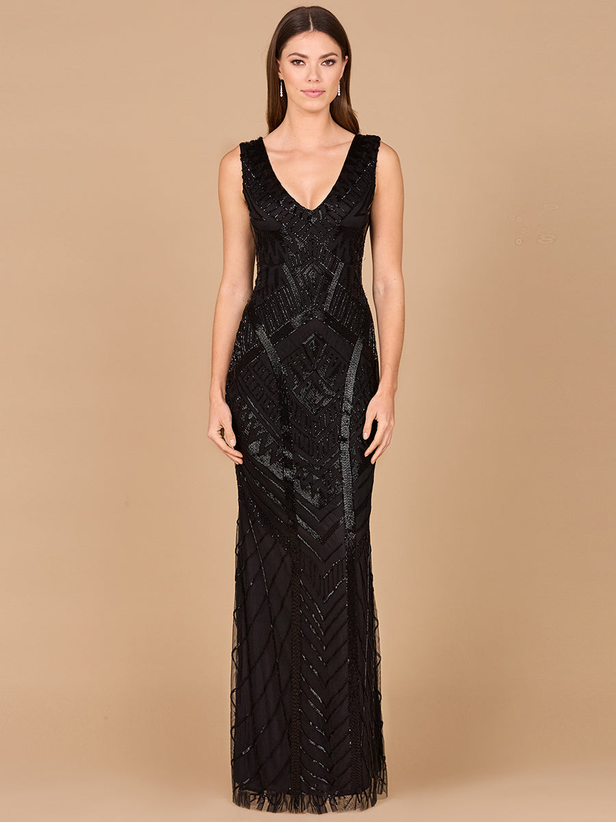 Lara Style 33552 Sleeveless V-Neck Tonal Sequin Slim Gown in Navy & Black