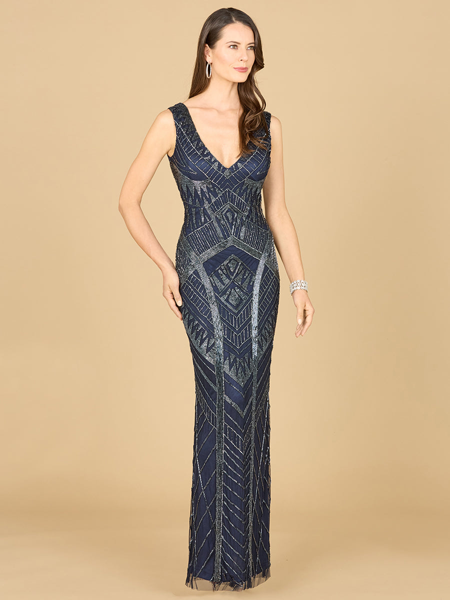 Lara Style 33552 Sleeveless V-Neck Tonal Sequin Slim Gown in Navy & Black