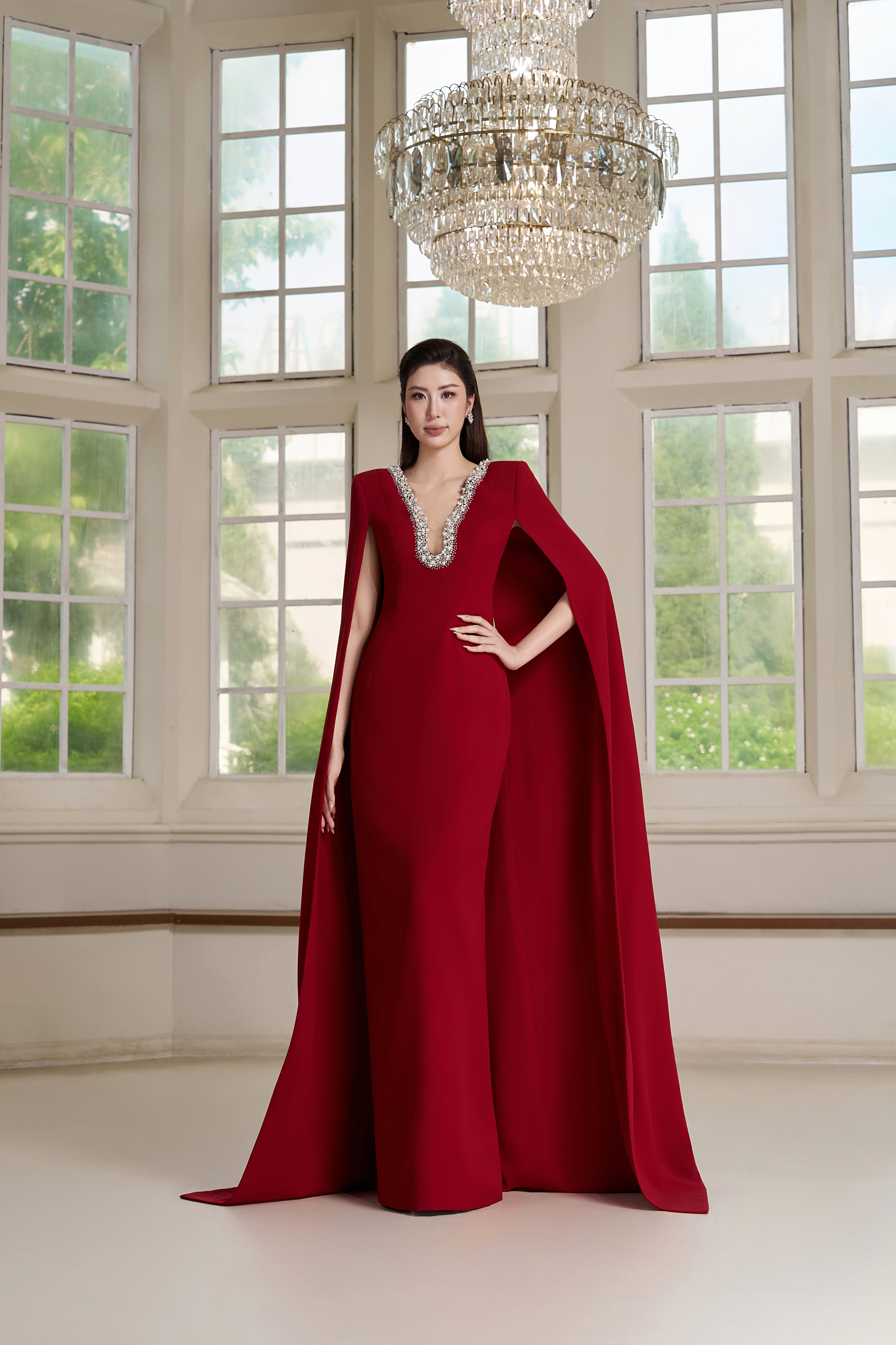 Lea Dress – Crystal Neckline Cape-Sleeve Gown