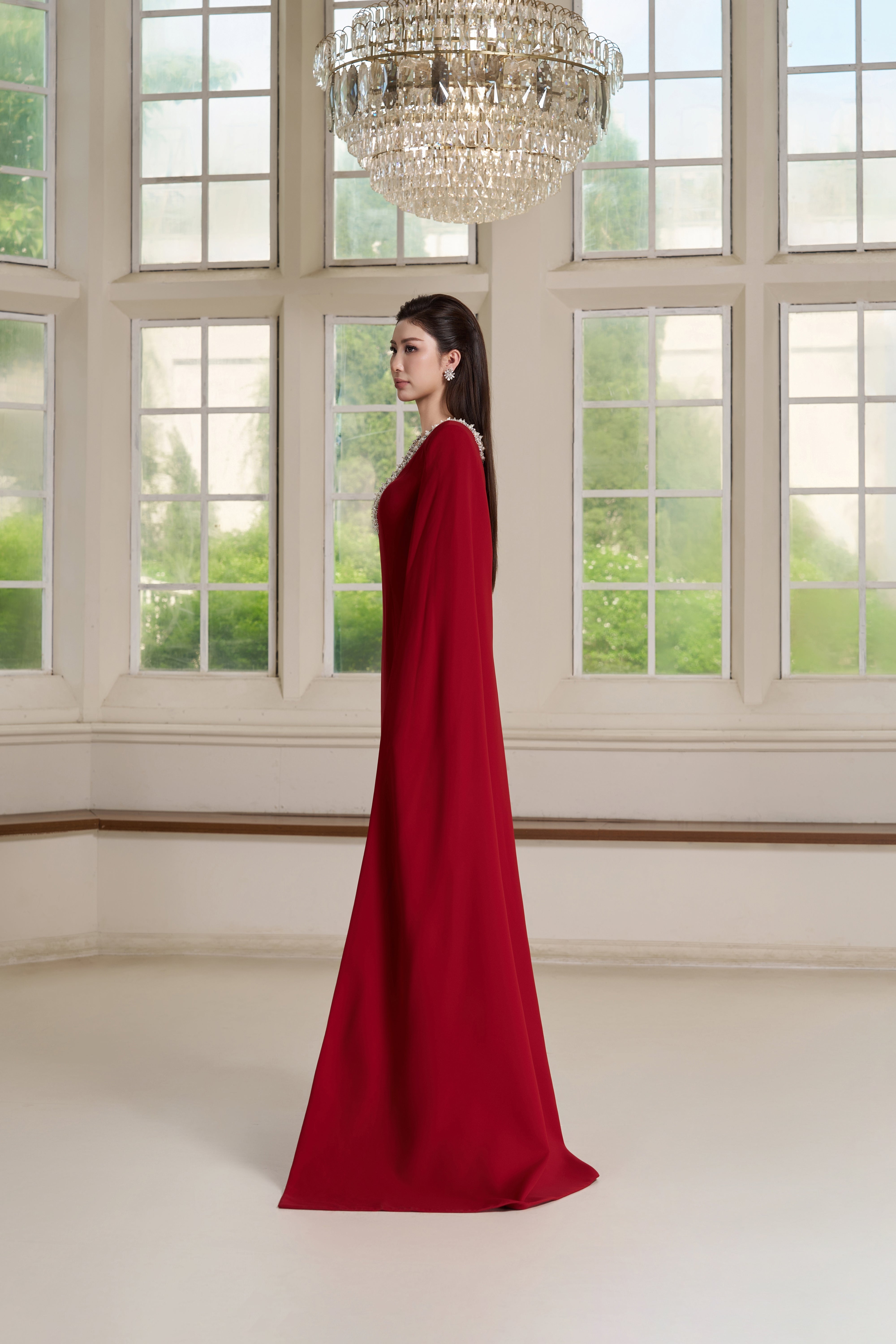 Lea Dress – Crystal Neckline Cape-Sleeve Gown